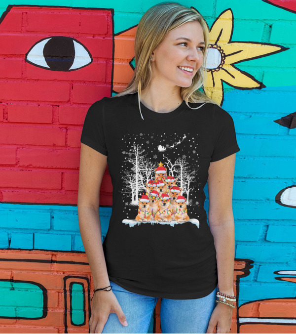 Akita Inu Christmas Tree With Santa Hats And Lights Dog Lovers T-Shirt