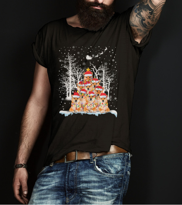 Akita Inu Christmas Tree With Santa Hats And Lights Dog Lovers T-Shirt