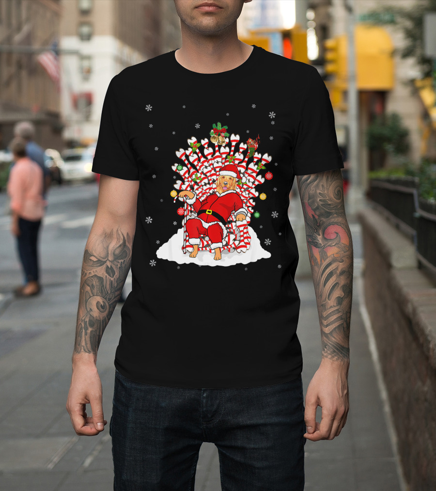Golden Retriever Santa on Bone Throne with Christmas Decorations T-Shirt