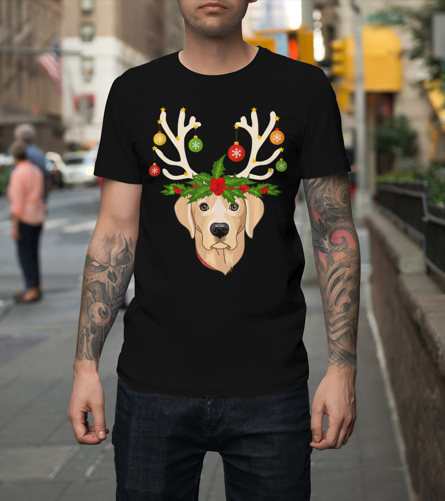 Christmas Labrador Retriever with Holiday Reindeer Antlers and Ornaments T-Shirt