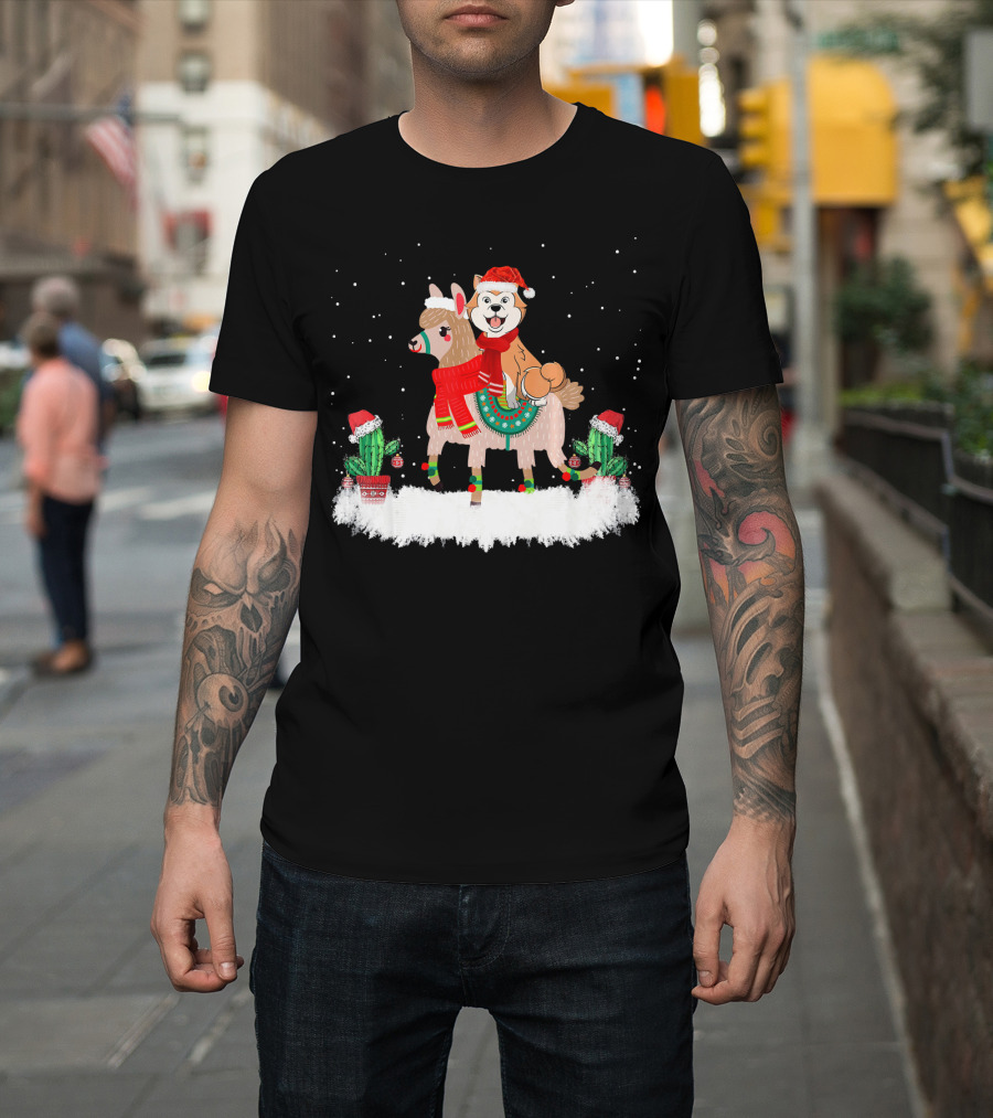 Cute Akita in Santa Hat Riding Llama with Christmas Cactus T-Shirt