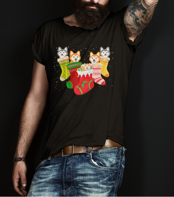 Akita Puppies In Christmas Stockings Holiday Humor Dog Love T-Shirt