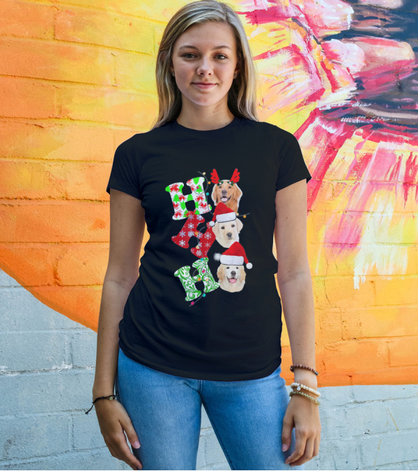 Merry Christmas Xmas Golden Retriever Ho Ho Ho Santa Hats T-Shirt