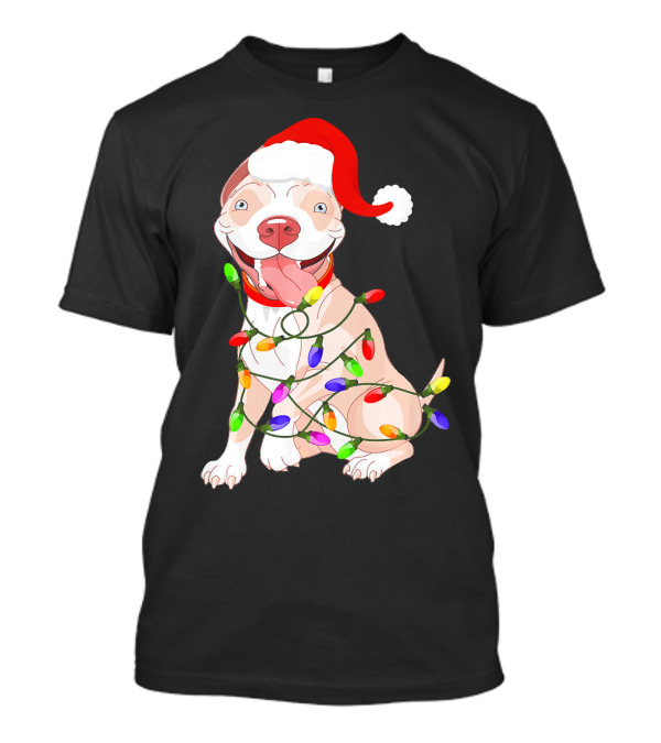 Pit Bull Wearing Santa Hat And Christmas Lights T-Shirt