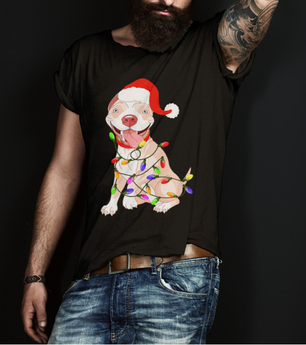 Pit Bull Wearing Santa Hat And Christmas Lights T-Shirt