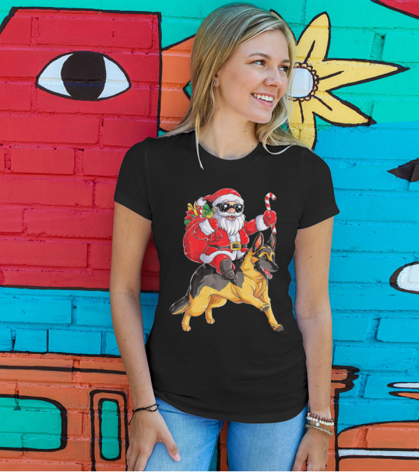Christmas Santa Claus Riding German Shepherd With Candy Cane And Gifts T-Shirt
