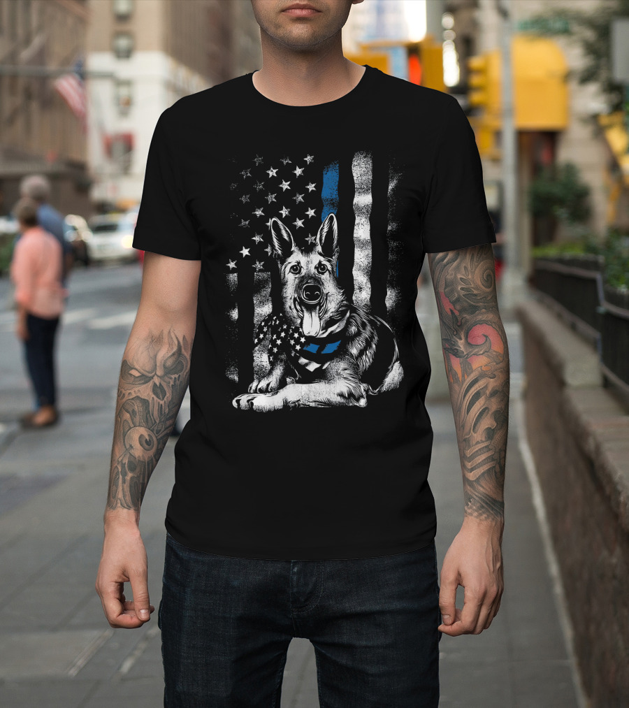 Blue Line K9 German Shepherd American USA Flag T-Shirt