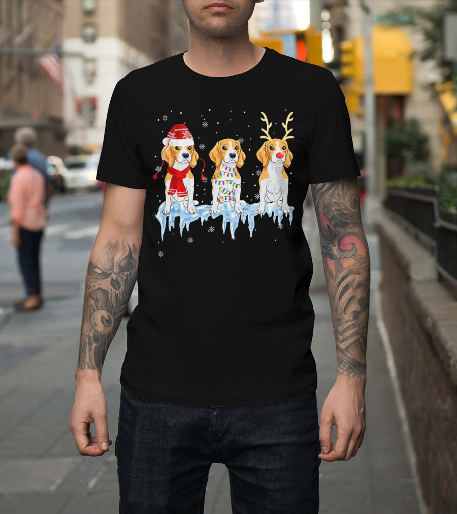 Beagle Dogs with Christmas Hats, Lights, and Reindeer Antlers on Snowy Ice Background T-Shirt