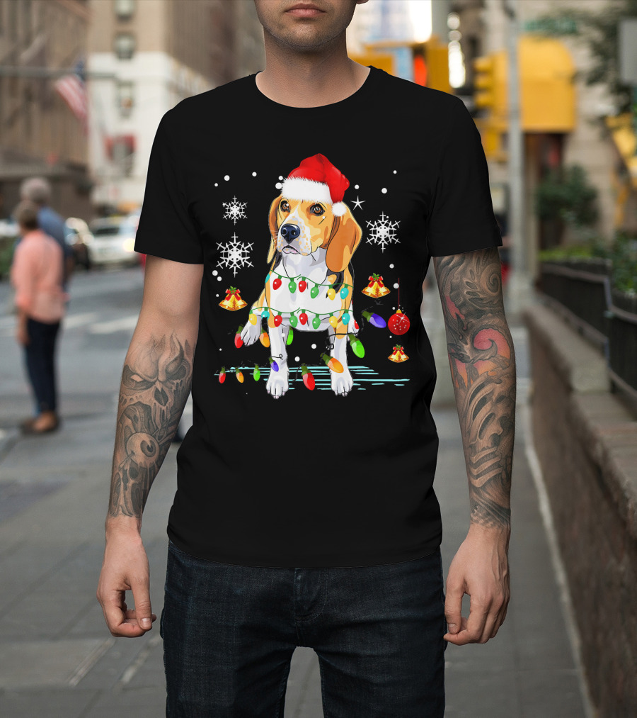 Beagle Dog Wrapped in Christmas Lights with Santa Hat and Holiday Bells T-Shirt