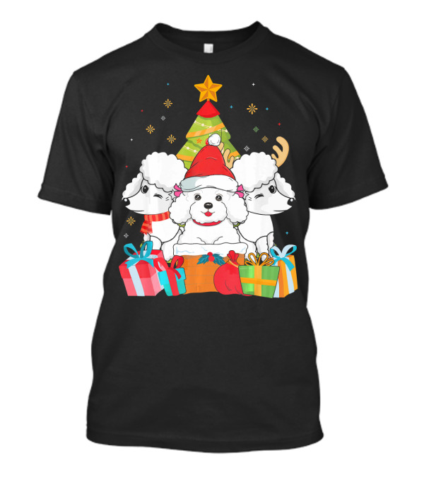 Christmas Cute Poodle Dog Xmas Tree With Gifts And Santa Hat T-Shirt