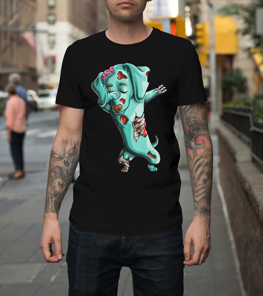 Dabbing Zombie Dachshund Halloween Humor Brainy Dog Undead Dance Fun T-Shirt