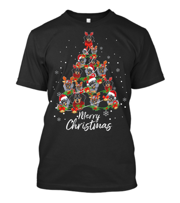 Merry Christmas Dachshund Tree Decor With Santa Hats And Reindeer Antlers T-Shirt