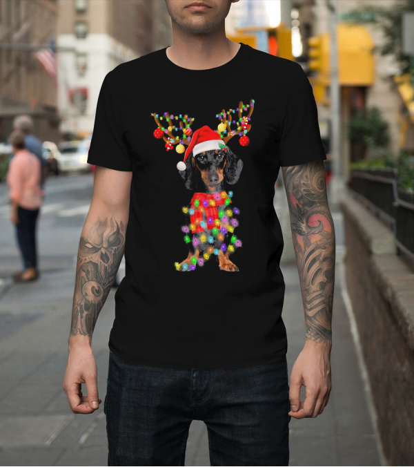 Shirt: Funny Christmas Dachshund Wrapped in Reindeer Antlers and Holiday Lights T-Shirt Funny Christmas Dachshund Wrapped in Reindeer Antlers and Holiday Lights T-Shirt