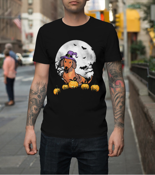 Shirt: Dachshund Wiener Dog Witch with Pumpkins and Bats in Full Moon Scene T-Shirt Dachshund Wiener Dog Witch with Pumpkins and Bats in Full Moon Scene T-Shirt