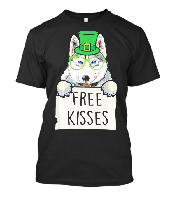 Free Kisses Husky Dog Leprechaun Hat Green Glasses T-Shirt