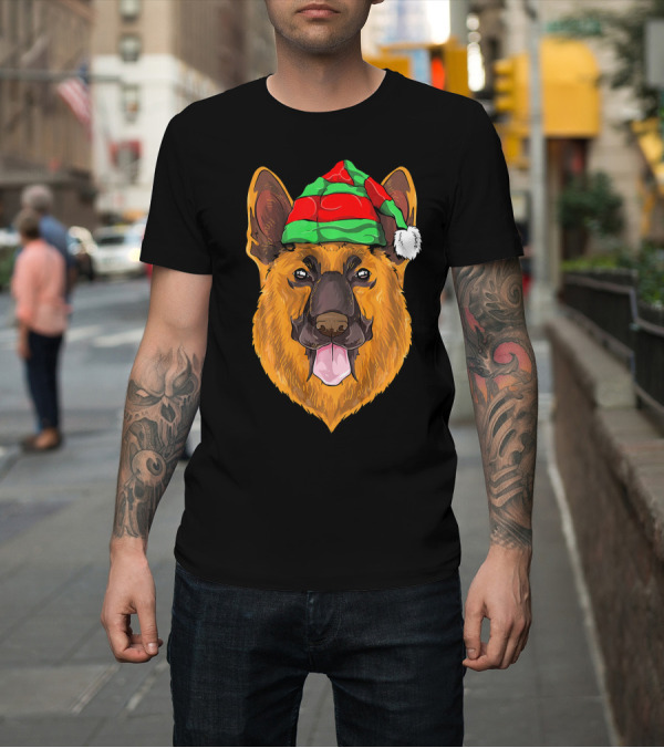 Shirt: German Shepherd Wearing Festive Christmas Elf Hat T-Shirt German Shepherd Wearing Festive Christmas Elf Hat T-Shirt