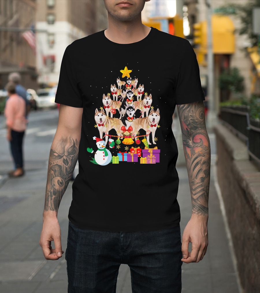 Husky Pine Tree Christmas Holiday with Snowman and Presents T-Shirt