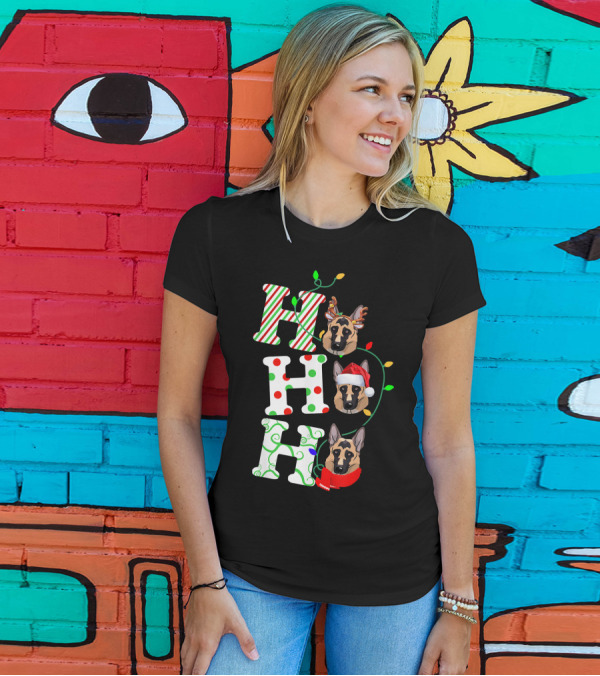 German Shepherd Ho Ho Ho Santa Hat Christmas Lights Holiday T-Shirt