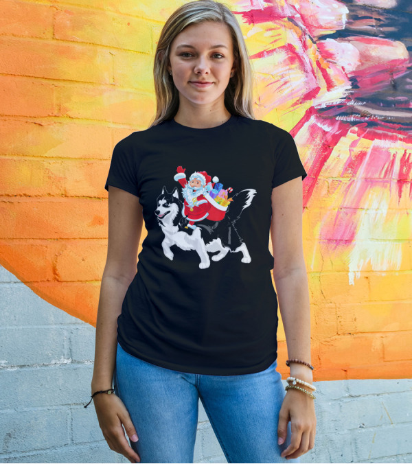 Husky Dog Carrying Santa With Gifts Christmas Tree T-Shirt
