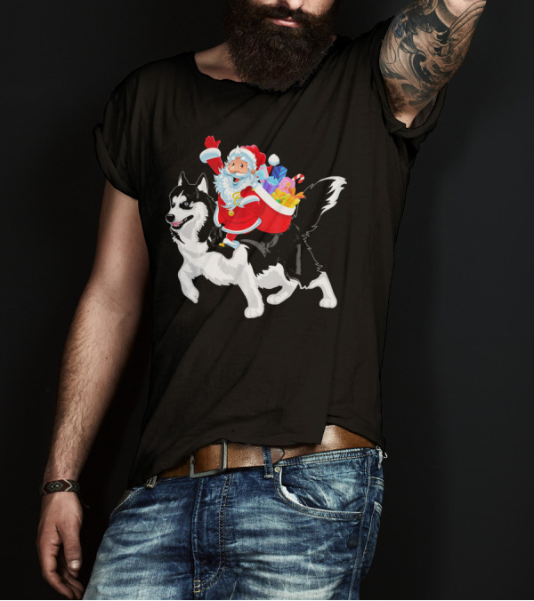 Husky Dog Carrying Santa With Gifts Christmas Tree T-Shirt
