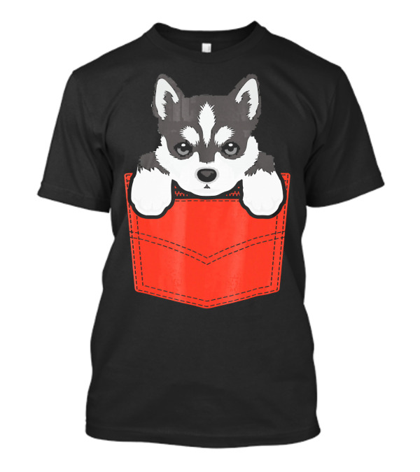Husky Dog In Red Pocket T-Shirt