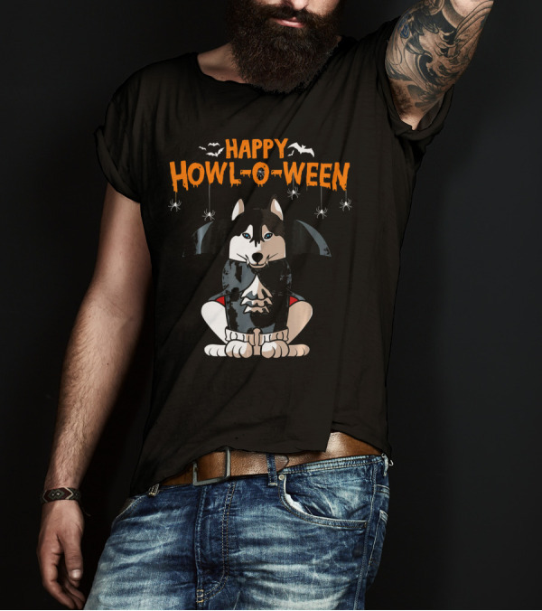 Happy Howl-O-Ween Siberian Husky Vampire With Bats And Spiders T-Shirt