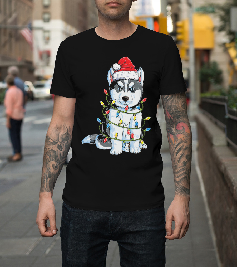 Siberian Husky in Santa Hat Wrapped in Christmas Lights T-Shirt