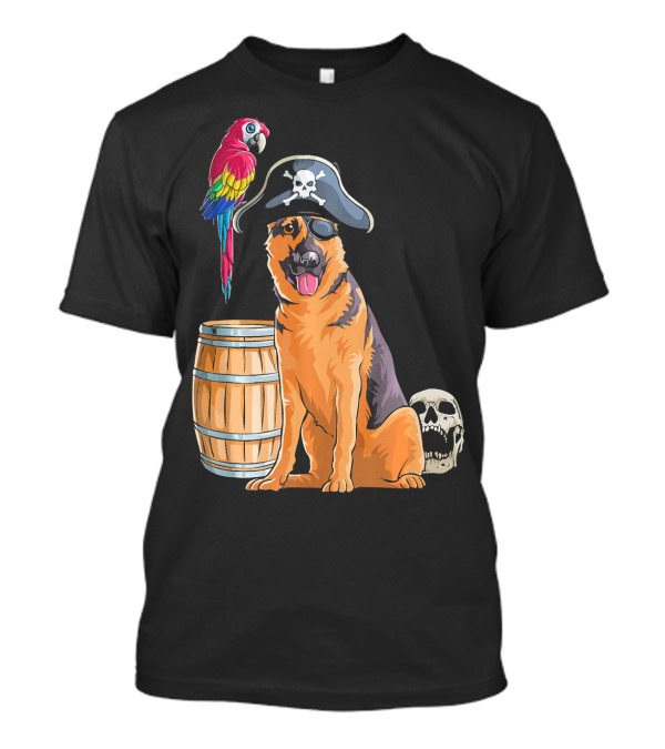 German Shepherd Pirate Halloween Parrot Skull Barrel T-Shirt