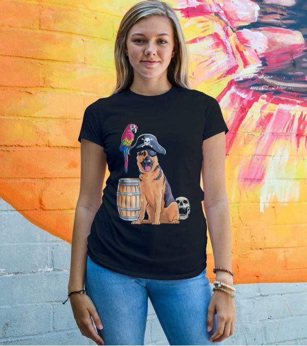 German Shepherd Pirate Halloween Parrot Skull Barrel T-Shirt