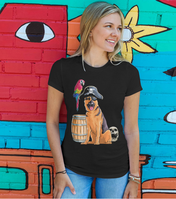 German Shepherd Pirate Halloween Parrot Skull Barrel T-Shirt