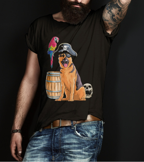 German Shepherd Pirate Halloween Parrot Skull Barrel T-Shirt