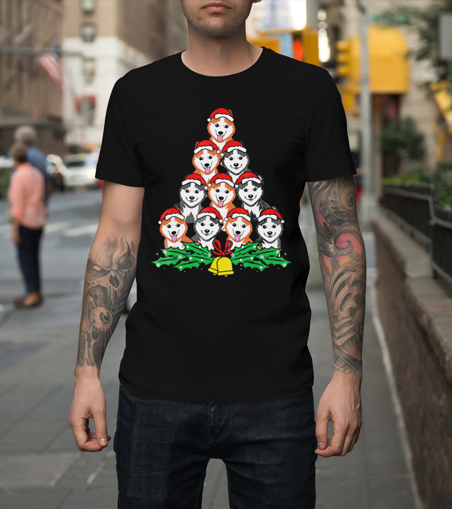 Siberian Husky Christmas Tree Santa Hat Dogs Bell T-Shirt