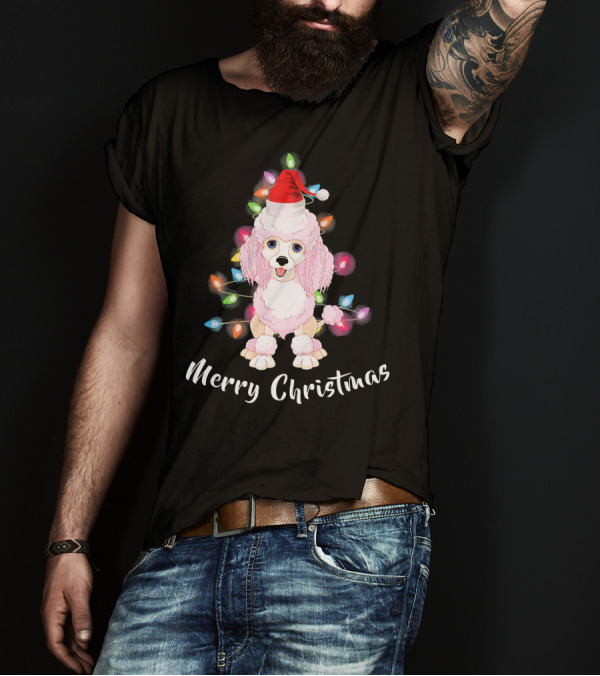 Merry Christmas Poodle Santa With Colorful Holiday Lights T-Shirt