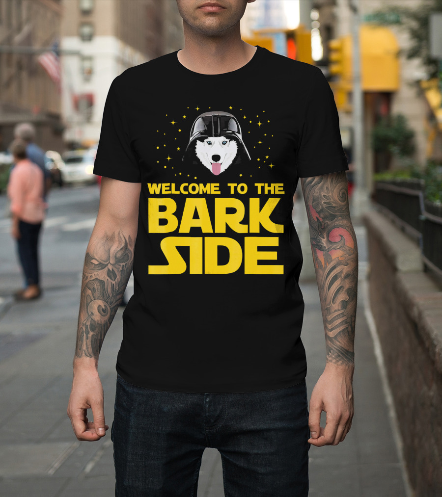 Welcome to the Bark Side Siberian Husky Vader Helmet Stars T-Shirt