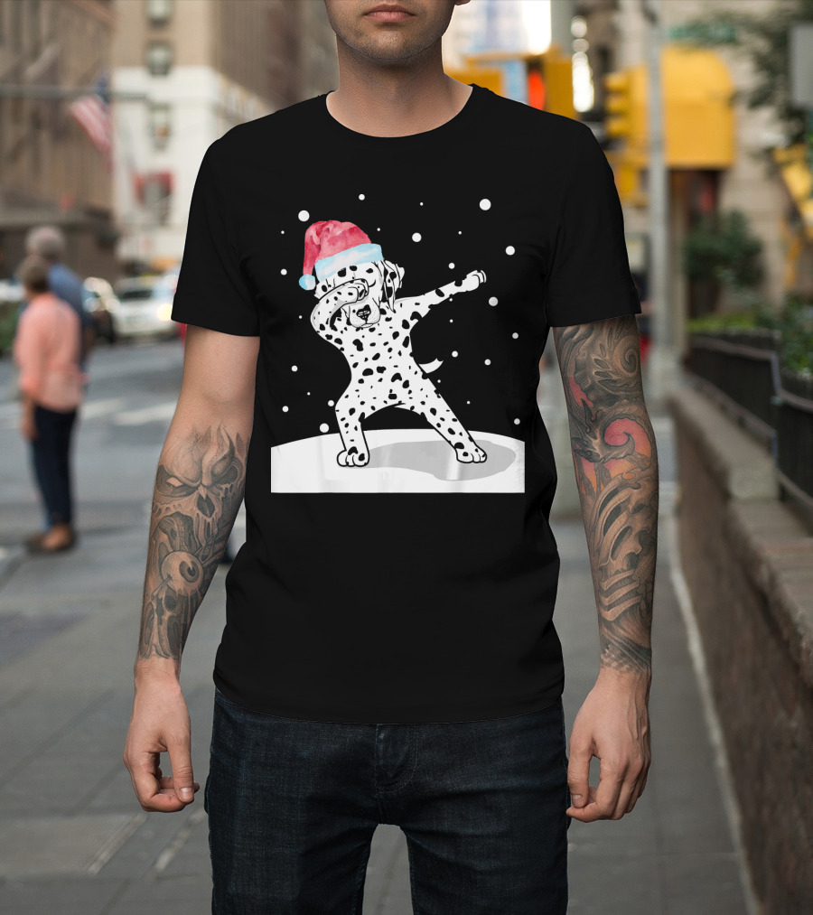 Santa Hat Dabbing Dalmatian Funny Dab Dance Snowfall T-Shirt