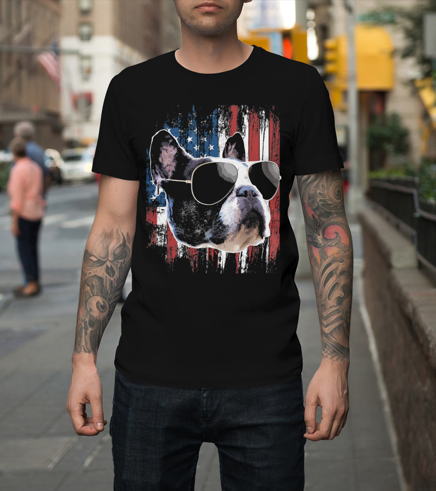 French Bulldog Wearing Sunglasses American Flag Background T-Shirt