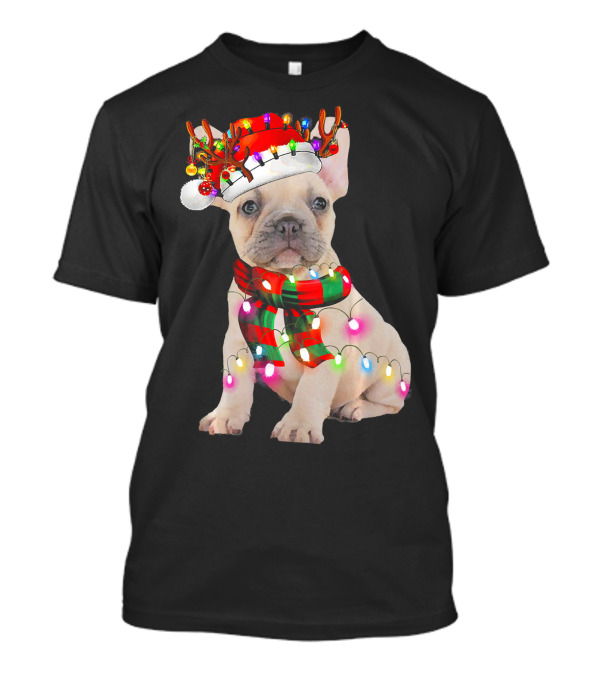 French Bulldog With Christmas Reindeer Hat And Festive Lights Scarf T-Shirt
