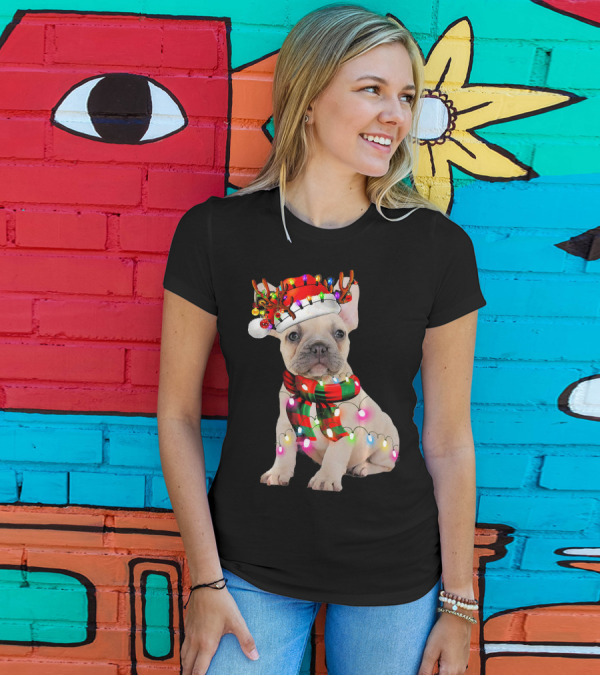 French Bulldog With Christmas Reindeer Hat And Festive Lights Scarf T-Shirt