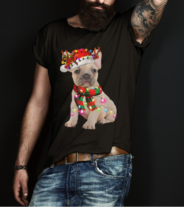 French Bulldog With Christmas Reindeer Hat And Festive Lights Scarf T-Shirt