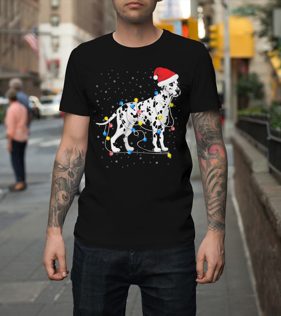 Dalmatian Wrapped in Colorful Christmas Lights with Santa Hat T-Shirt