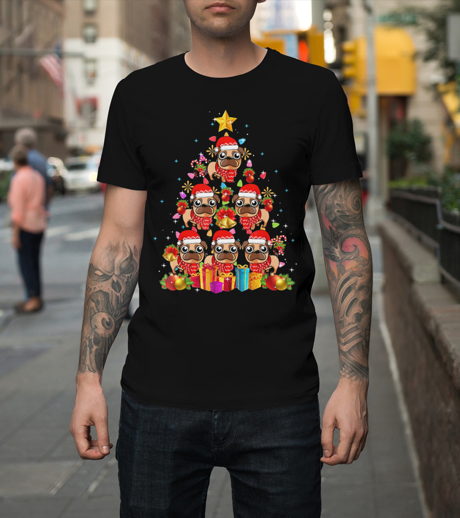 Pug Christmas Tree Santa Hats Lights Ornaments Gifts T-Shirt