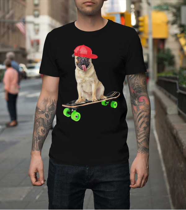 Shirt: Pug Dog Skateboarding Skater with Red Cap on Skateboard T-Shirt Pug Dog Skateboarding Skater with Red Cap on Skateboard T-Shirt