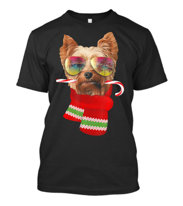 Yorkie With Sunglasses And Candy Cane Christmas In July T-Shirt
