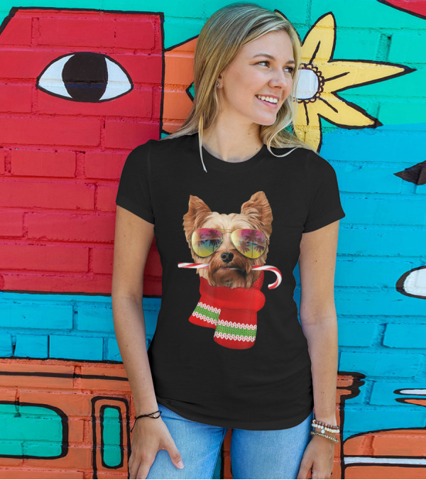Yorkie With Sunglasses And Candy Cane Christmas In July T-Shirt