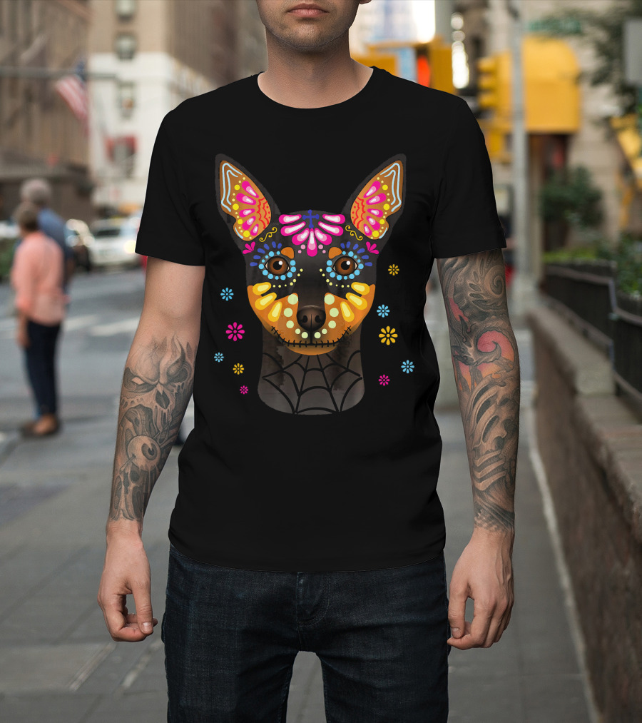 Day of the Dead Miniature Doberman Pinscher Colorful Sugar Skull Dog Face T-Shirt