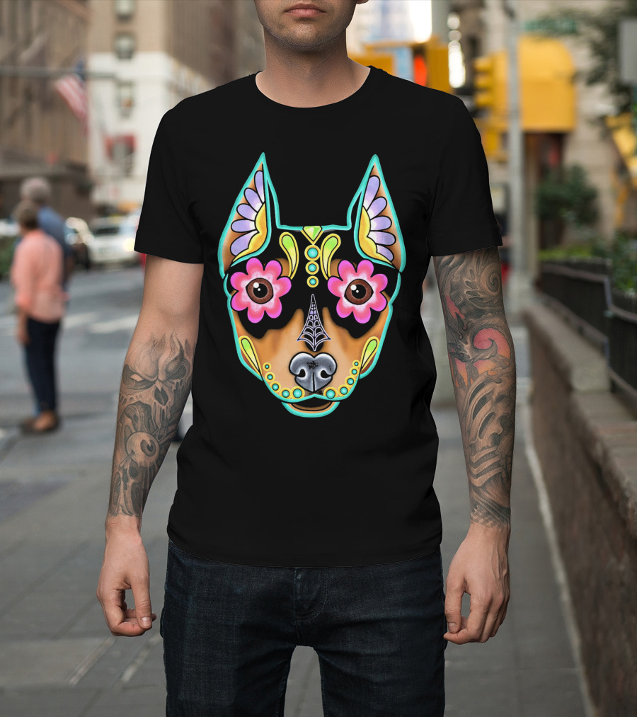 Min Pin Day of the Dead Sugar Skull Miniature Dobe T-Shirt