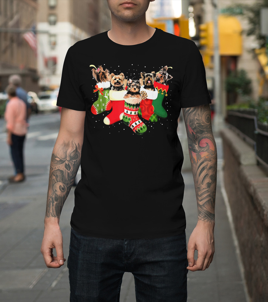 Yorkie Dogs in Christmas Stockings Funny Holiday York T-Shirt