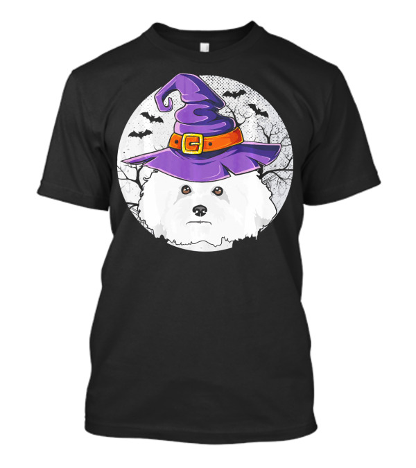 Halloween Witch Bichon Frise Dog Head With Purple Hat And Bats In Moonlit Night T-Shirt