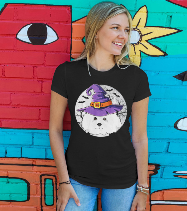 Halloween Witch Bichon Frise Dog Head With Purple Hat And Bats In Moonlit Night T-Shirt