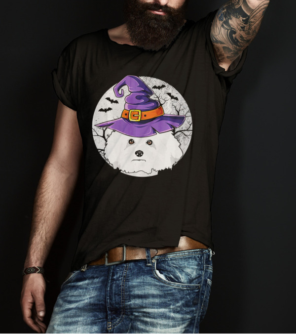 Halloween Witch Bichon Frise Dog Head With Purple Hat And Bats In Moonlit Night T-Shirt